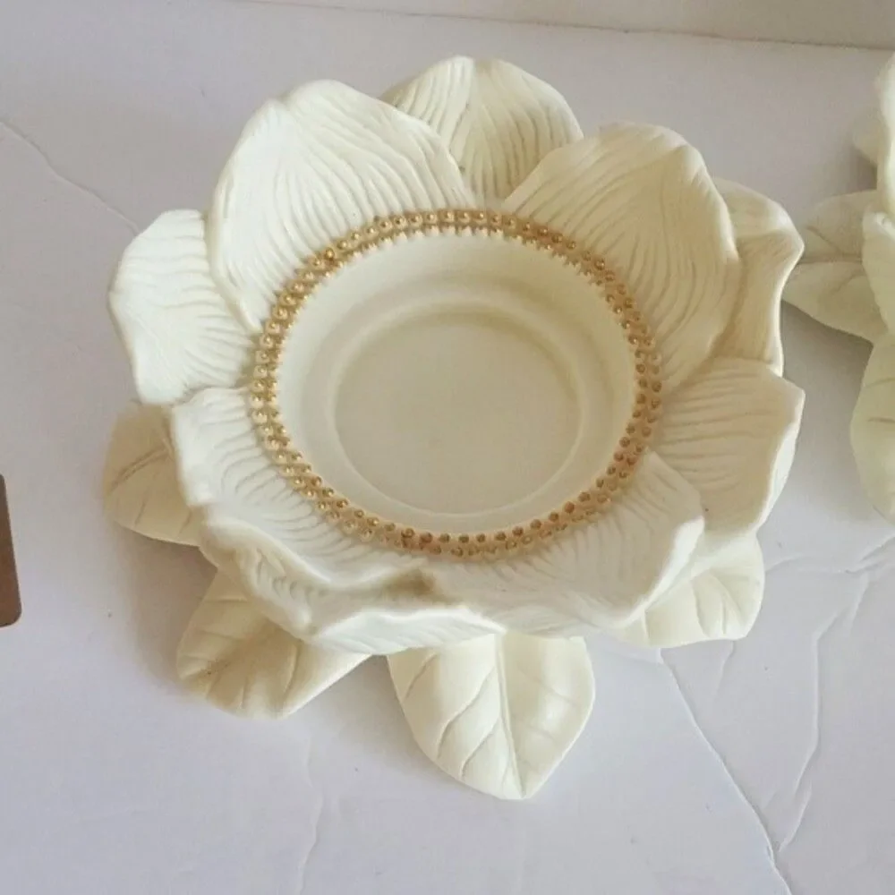 PartyLite P7369 Magnolia Lotus Flower Candle Holders Set of 2 Bisque Porcelain